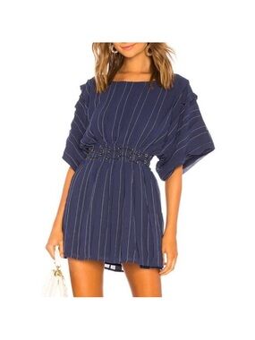 Tularosa Small Navy Blue Boat Neck Pleated Wide Short Sleeve Mini Dress